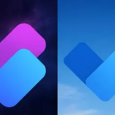 Dwa logotypy Microsoft Planner: jeden z fioletowo-niebieskimi wstążkami na tle nocnego nieba, drugi z niebieskimi wstążkami na tle błękitnego nieba.