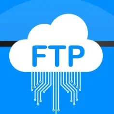Chmura z napisem FTP, symbolizująca serwer ftp, połączona z urządzeniem cyfrowym.