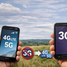 Ręce trzymają telefony. Jeden pokazuje 4G LTE i 5G, drugi 3G. Strzałka pokazuje przejście od 3G do nowszych technologii.