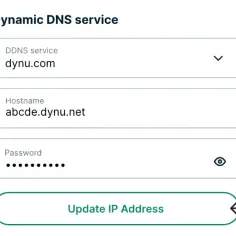 Konfiguracja usługi DDNS: wybierz dostawcę (dynu.com), wpisz nazwę hosta (abcde.dynu.net) i hasło, a następnie kliknij "Update IP Address".