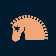 Pomarańczowy koń szachowy z symbolem wirusa na oku, nawiązanie do trojan wirus.