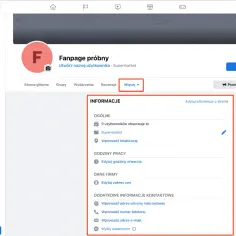 Panel zarządzania stroną na Facebooku. Widzisz opcje edycji informacji o stronie, takie jak dane kontaktowe i godziny otwarcia, co jest pomocne, gdy zastanawiasz się, jak założyć Facebooka.