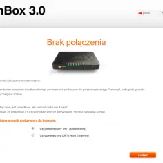 Awaria orange światłowód. Komunikat "Brak połączenia" na routerze FunBox 3.0. Sprawdź połączenie światłowodowe.