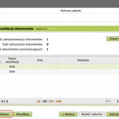 Program Płatnik: import KEDU, krok 3 z 3. Widoczne 1 zaimportowane i 1 synchronizujące dokumenty. Dostępne opcje: Podgląd, Edytuj, Weryfikuj.