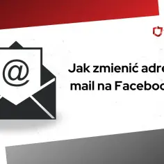 Grafika z kopertą i symbolem "@" oraz tekstem "Jak zmienić adres e-mail na Facebooku?".