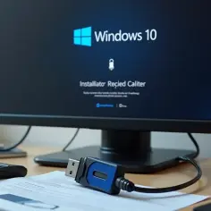 Instalacja Windows 10 na pendrive. Na ekranie komputera widnieje logo i nazwa systemu, a obok podłączony pendrive.