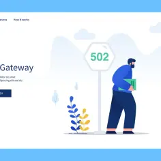 Mężczyzna z teczką mija znak z napisem 502, wskazującym na błąd "Bad Gateway".