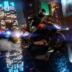 Motocyklista ścigany przez policję w nocnym mieście. Ulepszona grafika GTA V z neonami i odbiciami na mokrej nawierzchni.