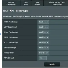 Ustawienia routera: WAN - NAT Passthrough. Widoczna opcja PPPoE Relay.
