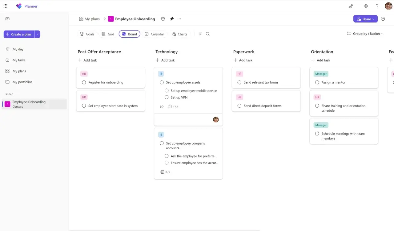 Widok tablicy w aplikacji Microsoft Planner, przedstawiający zadania związane z onboardingiem pracownika, podzielone na etapy: akceptacja oferty, technologia, formalności i orientacja.