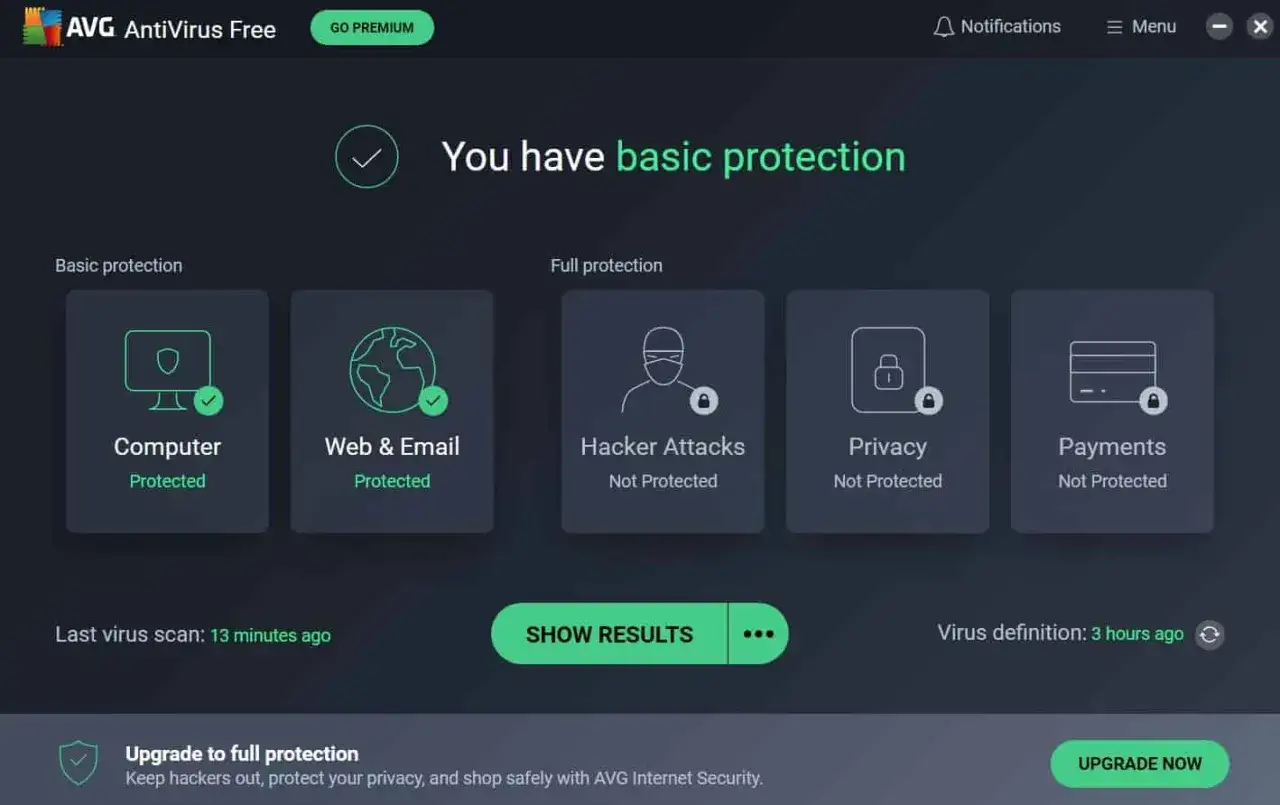 Interfejs AVG AntiVirus Free pokazuje podstawową ochronę komputera i sieci. Pełna ochrona przed atakami hakerów, prywatnością i płatnościami wymaga uaktualnienia.