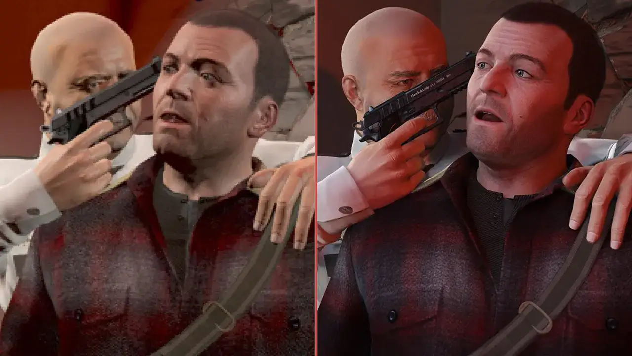 Porównanie grafiki GTA V Enhanced: z lewej strony pikselowaty obraz, z prawej - realistyczne detale postaci i broni.
