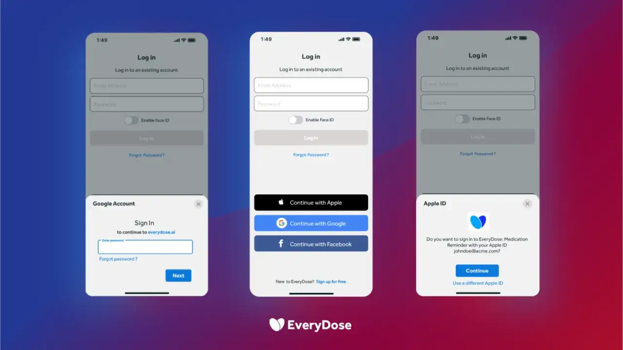 Ekran logowania aplikacji EveryDose pokazuje opcje logowania, w tym jak założyć Facebooka. Dostępne są też logowanie przez Google i Apple ID.
