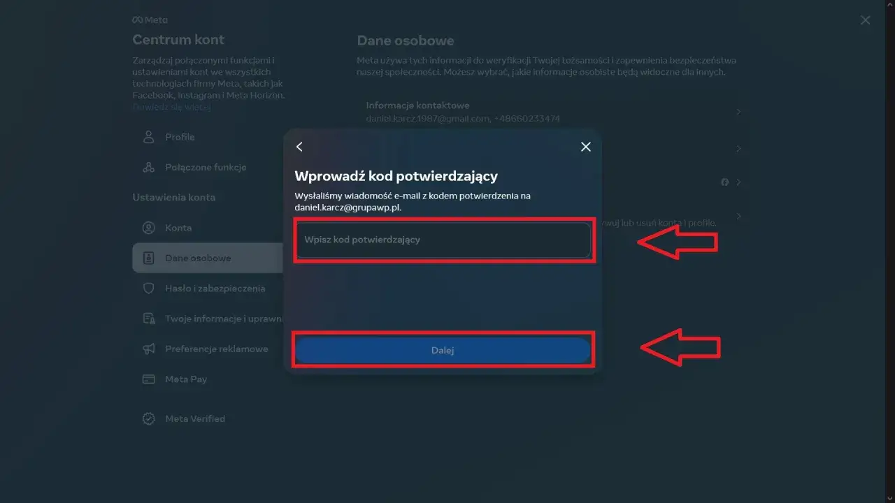 Potwierdź kodem z maila, by zmienić email na FB. Wpisz kod i kliknij