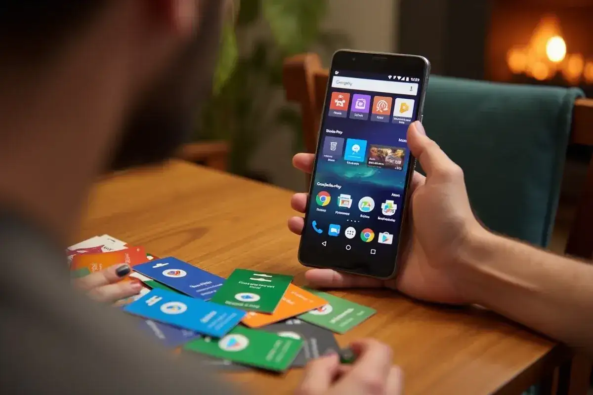 Chcesz wiedzieć, jak doładować Play? Na stole leżą karty doładowujące, a w ręce trzymasz telefon z widoczną aplikacją Play.