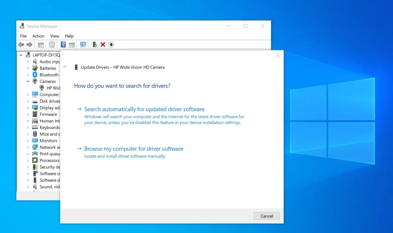Menedżer urządzeń Windows 10 oferuje aktualizacja sterowników Windows 10 dla kamery HP.