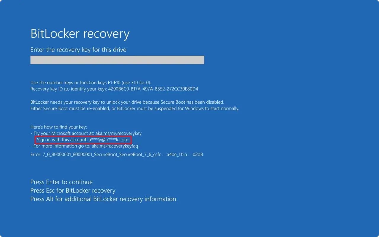 Ekran BitLocker recovery. Wpisz klucz odzyskiwania, aby odblokować dysk. Znajdź klucz na koncie Microsoft.