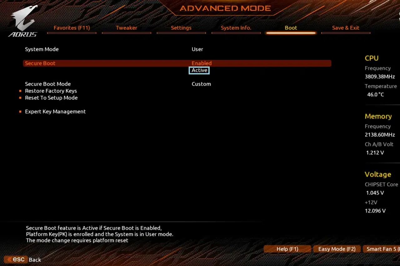 Gigabyte BIOS: Secure Boot ustawiony na 