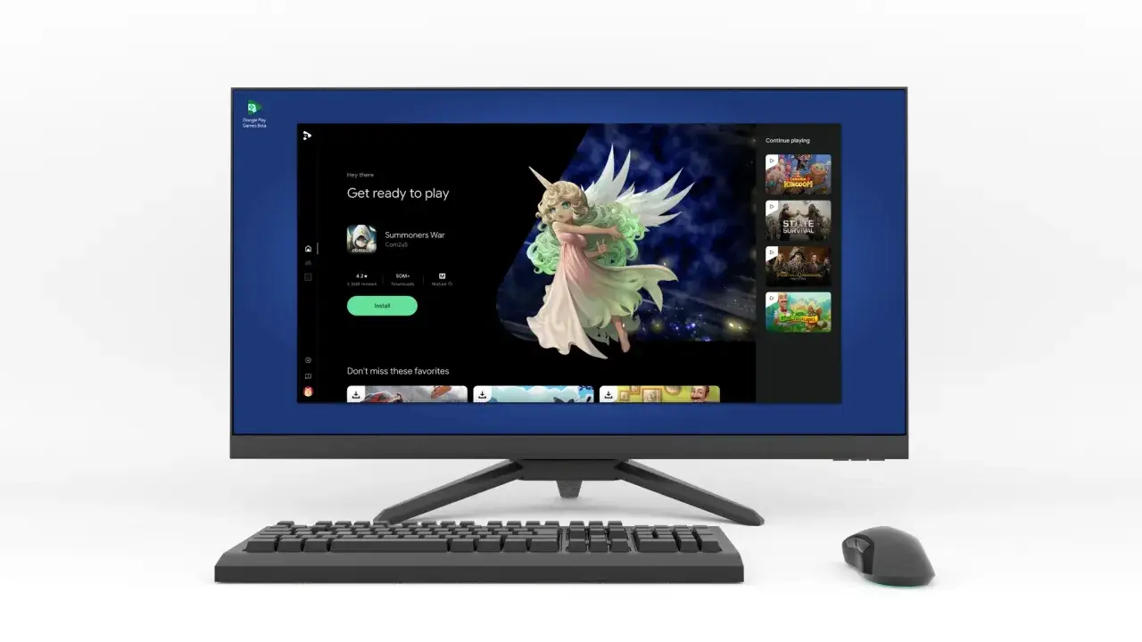 Komputer z aplikacją Google Play Games Beta, oferującą gry takie jak Summoners War. Idealne gry Google Play na PC.