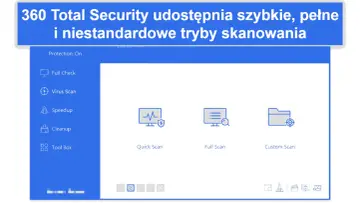 360 Total Security oferuje szybkie, pełne i niestandardowe skanowanie. Wybierz opcję, by chronić swój komputer.