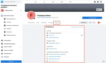 Panel zarządzania stroną na Facebooku. Widzisz opcje edycji informacji o stronie, takie jak dane kontaktowe i godziny otwarcia, co jest pomocne, gdy zastanawiasz się, jak założyć Facebooka.