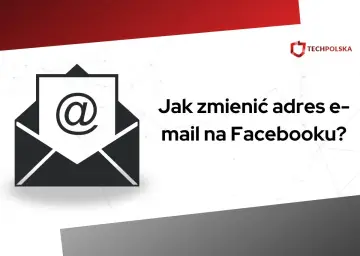 Grafika z kopertą i symbolem "@" oraz tekstem "Jak zmienić adres e-mail na Facebooku?".