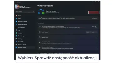 Ekran aktualizacji systemu Windows 11 Enterprise pokazuje, że system jest aktualny. Dostępne są opcje wstrzymania aktualizacji i sprawdzenia historii.