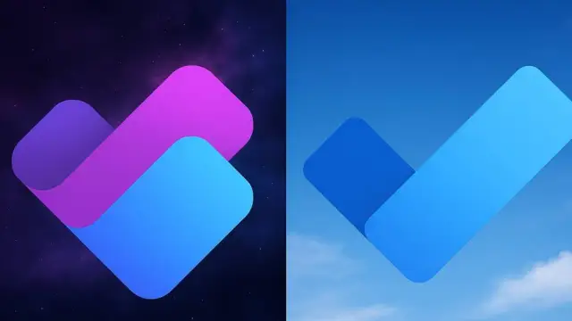Dwa logotypy Microsoft Planner: jeden z fioletowo-niebieskimi wstążkami na tle nocnego nieba, drugi z niebieskimi wstążkami na tle błękitnego nieba.