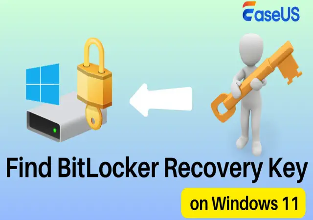 Klucz odzyskiwania BitLocker na Windows 11. Dysk z kłódką i kluczem symbolizują bezpieczeństwo danych.