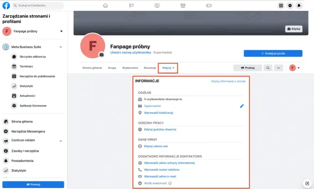 Panel zarządzania stroną na Facebooku. Widzisz opcje edycji informacji o stronie, takie jak dane kontaktowe i godziny otwarcia, co jest pomocne, gdy zastanawiasz się, jak założyć Facebooka.