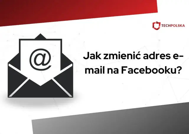 Grafika z kopertą i symbolem "@" oraz tekstem "Jak zmienić adres e-mail na Facebooku?".