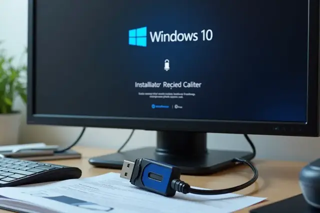Instalacja Windows 10 na pendrive. Na ekranie komputera widnieje logo i nazwa systemu, a obok podłączony pendrive.
