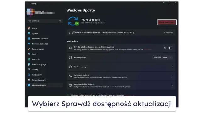 Ekran aktualizacji systemu Windows 11 Enterprise pokazuje, że system jest aktualny. Dostępne są opcje wstrzymania aktualizacji i sprawdzenia historii.